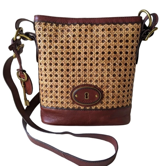 Fossil Vintage Reissue Cane Wicker & Leather Bucket Crossbody Bag - Picture 2 of 13